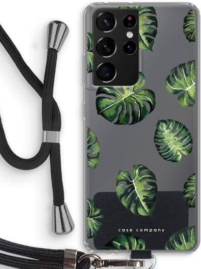 Case Company® - Hoesje met koord geschikt voor Samsung Galaxy S21 Ultra hoesje met Koord - Tropische bladeren - Telefoonhoesje met Zwart Koord - Bescherming aan alle Kanten en Over de Schermrand