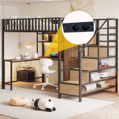 MODFU Hoogslaper met Bureau, Kleerkast en LED-verlichting - Metaal & MDF - Zwart/Wit - 140x200 cm - Inclusief Kastruimte & Stopcontact