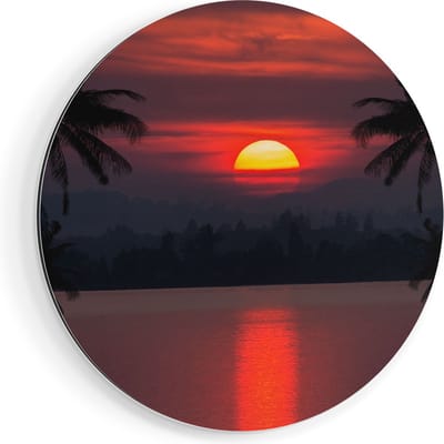 Artaza Dibond Muurcirkel Zonsondergang Op Het Strand Met Palmbomen - Ø 90 cm - Groot - Wandcirkel - Rond Schilderij - Voor Binnen en Buiten