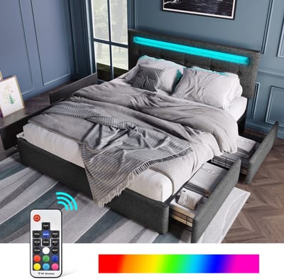 Gestoffeerd tweepersoonsbed met LED-verlichting en 4 lades - Voor slaapkamer en tienerkamer 140x200 cm - Grijs - Verstelbaar hoofdeinde - LED met afstandsbediening - 272 kg draagvermogen