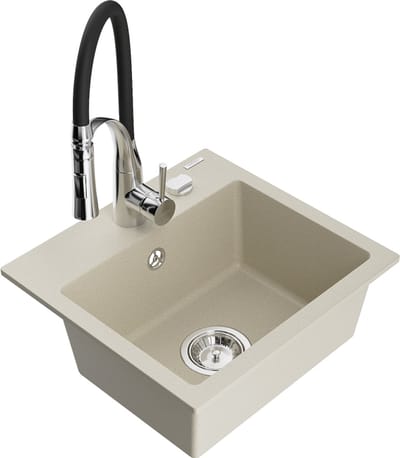 Mexen Milo granieten spoelbak 1-komorige met keukenmengkraan Aster, beige - 6505-69-73450-07