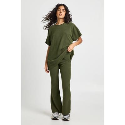 boohoo Dames Tweetonige Geribbelde Uitlopende Legging & Top Coordinatenset | Khaki | Maat: 6