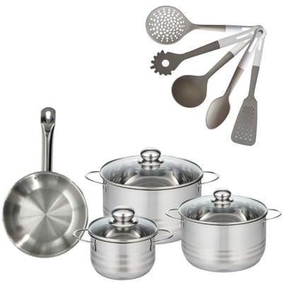 Fackelmann 9217450 Etherna kookset: RVS koekenpan 20 cm en RVS kookpannen 16/20/24 cm zonder PFAS + 5 keukengerei