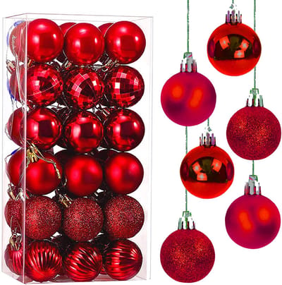 Kerstballen Boom Ornamenten, 36 Stuks 4 CM Kerstboom Versiering Set Kunststof Kerstballen Ornamenten Kerstboom Ballen (Rood)