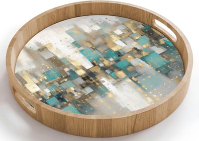 Dienblad rond 40x40 cm - Schootdienblad hout - Abstract - Blokken - Goud - Skyline - Borrelplank rechthoek - Plateau houten dienbladen