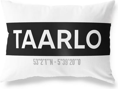 Tuinkussen TAARLO - DRENTHE met coördinaten - Buitenkussen - Bootkussen - Weerbestendig - Jouw Plaats - Studio216 - Modern - Zwart-Wit - 50x30cm