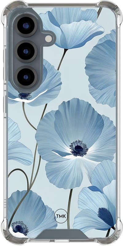 Shockproof hoesje geschikt voor Samsung Galaxy S25 - Blauw bloemenveld - Schokbestendig - Verhoogde randen - TPU case - Extra Sterke Back Cover - Bloemen - Transparant, Blauw