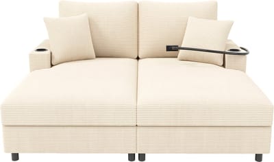 Dubbel slaapbank met slaaffunctie, gepolsterde ligfunctie, telefoonhouder, USB-aansluiting en drankhouder. Geschikt voor woonkamer, slaapkamer of thuisbioscoop. Beige.
