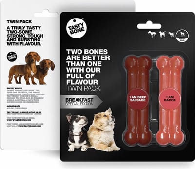 TastyBone - Toy - Twinpack Breakfast - Beef Sausage & Baco - Hond - Kauwspeelgoed - Vegan - Kluif - Nylabone