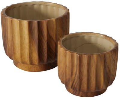 Boltze - Set van 2 - Plantenpotten - Keramiek met Houtlook - 13x16 cm & 10x12 cm - Trendy Design