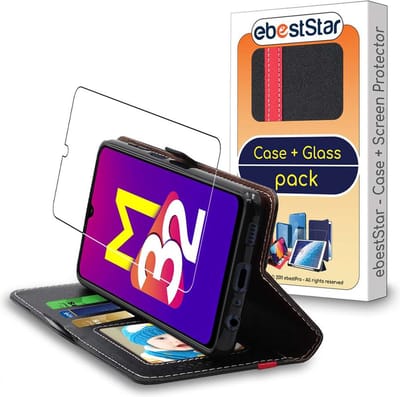 ebestStar - Hoes geschikt voor Samsung Galaxy M32, Wallet Etui, Book case hoesje, Zwart, Rood + Gehard Glas