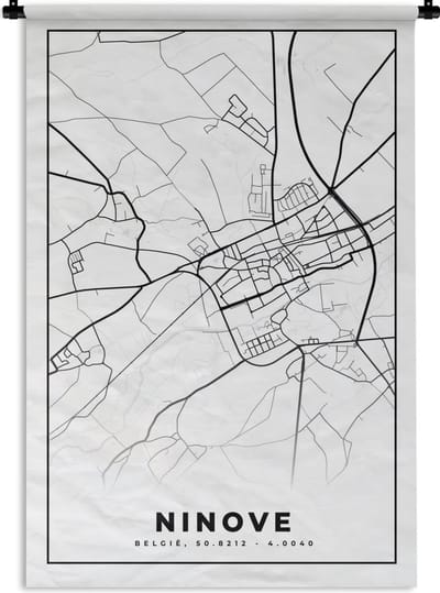 Wandkleed - Wanddoek - Stadskaart – Plattegrond – België – Zwart Wit – Ninove – Kaart - 120x180 cm - Wandtapijt