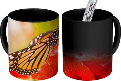 Magische Mok - Foto op Warmte Mokken - Koffiemok - Bloemen - Vlinders - Monarch - Magic Mok - Beker - 350 ML - Theemok