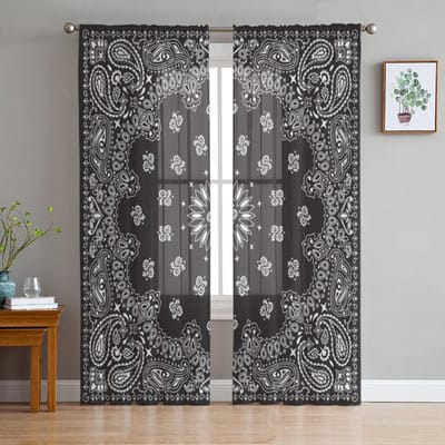 Zwarte Bandana Patroon Transparante Gordijnen Voor Woonkamer Slaapkamer Tule Gordijnen Keuken Raambekleding Paneel 135W x 114H(cm) black