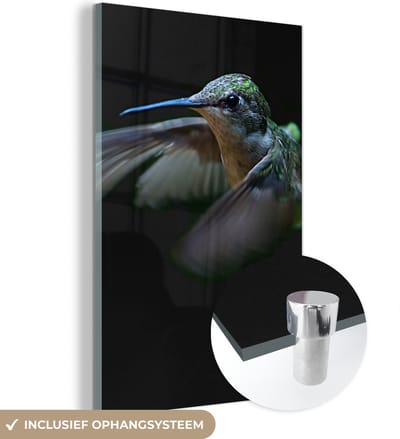 MuchoWow® Glasschilderij 120x180 cm - Schilderij acrylglas - Kolibrie - Vogel - Veren - Zwart - Foto op glas - Schilderijen