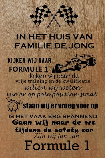 Formule 1 wandbord 20 x 30cm gepersonaliseerd met uw eigen naam - In dit huis zijn wij fan van - Max Verstappen - FIA race