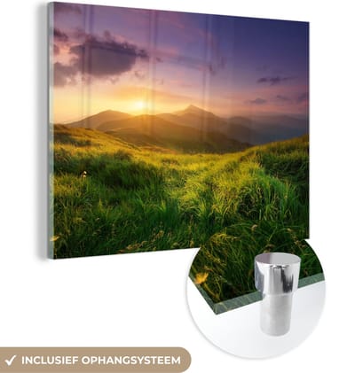MuchoWow® Glasschilderij 40x30 cm - Schilderij acrylglas - Bergen - Zon - Natuur - Foto op glas - Schilderijen