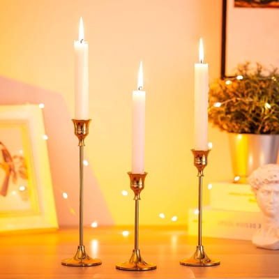 Metalen Kandelaars - Kaarshouders Set - Sfeervol Dineren - Roestvrij Glanzend Metaal - 3 Stuks Verschillende Hoogtes - Messing Goud