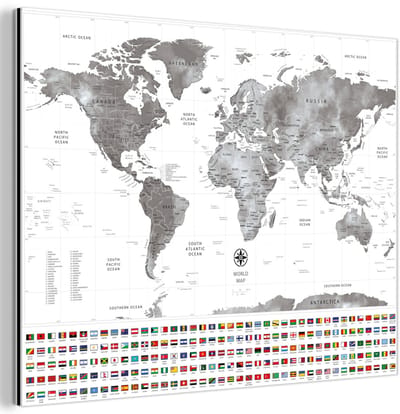 Aluminium schilderij 160x120 cm - Wanddecoratie metaal - Wereldkaart - Vlag - Zwart - Wit - Metalen muurdecoratie woonkamer - Decoratie industrieel - Foto op dibond - Industriële accessoires slaapkamer