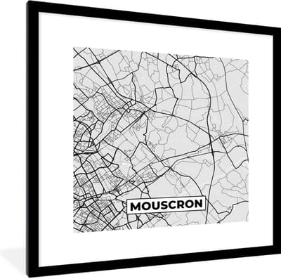 Fotolijst incl. Poster Zwart Wit- België – Mouscron – Stadskaart – Kaart – Zwart Wit – Plattegrond - 40x40 cm - Posterlijst
