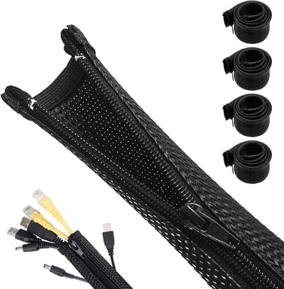4 stuks x 1,5 m kabelgoot, bureau, flexibel beheer, kabelmanagement, zwart met ritssluiting, diameter 2-2,5 cm, kabelslang, kabelorganizer, beheer voor pc-kabelbescherming