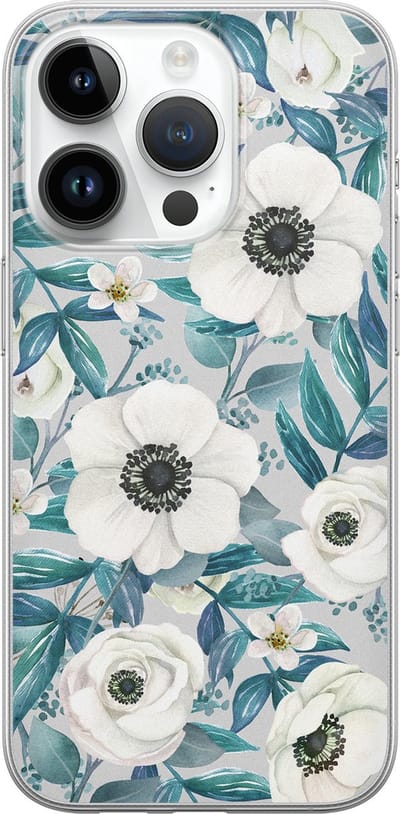 Leuke Telefoonhoesjes - Hoesje geschikt voor iPhone 14 Pro - Vlinders - Soft case - TPU - Bloemen - Blauw, Wit