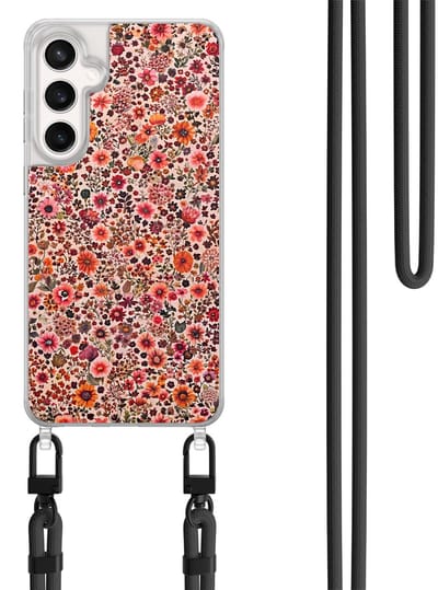 Hoesje met koord geschikt voor Samsung Galaxy S24 FE - Vintage floral - Inclusief Zwart koord - Crossbody beschermhoes - Transparant, Roze - Mooie Telefoonhoesjes