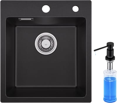 SOFETIY MAX Granieten Spoelbakken 40*45cm - Spoelbak Met Zeepdispenser(300ML) - 1 spoelbak Keuken Zwart - Wasbak Keuken - Onderbouw Spoelbakken
