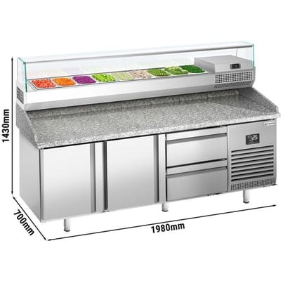 GGM Gastro Pizzakühltisch Premium PLUS - 1980x700mm - mit 2 Türen & 2 Schubladen - inkl. Kühlaufsatzvitrine - 9x GN 1/4