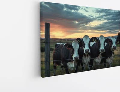 Saammp Canvas Schilderij - Koeien bij een hek - Landschap - Dieren - Natuur - 45x30 - Foto op canvas - Wanddecoratie - Muurdecoratie Woonkamer - Slaapkamer decoratie - Canvas Print