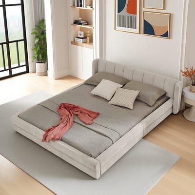 BLACKCOLORS Tweepersoonsbed 140×200 cm, chenille stof, comfortabele rugleuning, stevig frame van eucalyptus en ijzer, eenvoudig te monteren, beige (zonder matras)