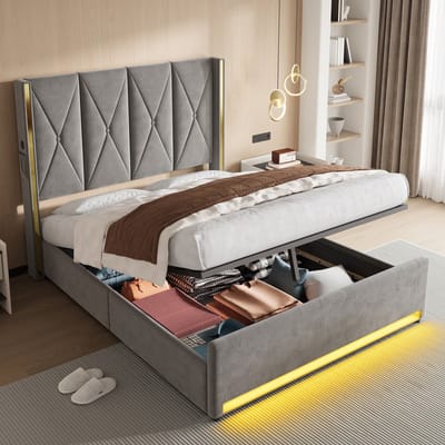Sweiko Tweepersoonsbed - 160 × 200 cm - Hoog hoofdeinde - Velvet - USB-aansluiting - LED-verlichting - Opbergruimte - Grijs