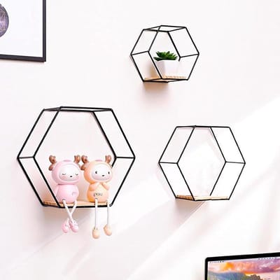 Set van 3 metalen hangende opbergplanken, wandgemonteerde hexagonale planken voor decoratie, moderne geometrische wandplanken met metalen frame en draadontwerp voor een stijlvolle inrichting