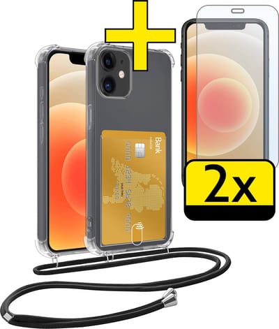 Hoesje Geschikt voor iPhone 12 Telefoonhoesje Met Koord Case Pashouder Met 2x Screenprotector Siliconen - Hoes Geschikt voor iPhone 12 Hoesje Met Kaarthouder - Transparant