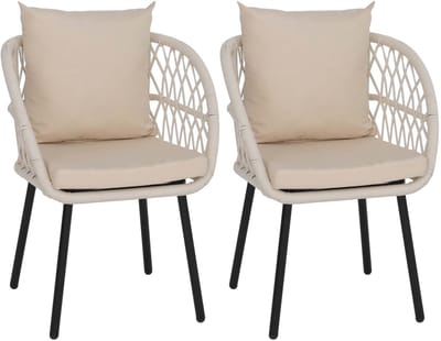Set van 2 tuinstoelen MCW-Q38, tuinstoel met armleuningen, aluminium vlechtwerk Rope ~ frame zwart, bekleding crèmekleurig