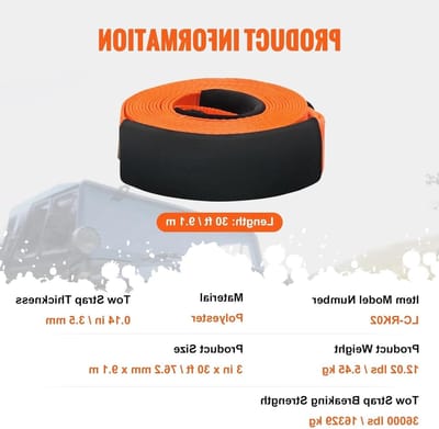 Sleepkabel Heavy Duty - Trekband Herstelset - Voertuigen Los Trekken - Hoge Treksterkte - 36000 lbs Breeksterkte - Zwart