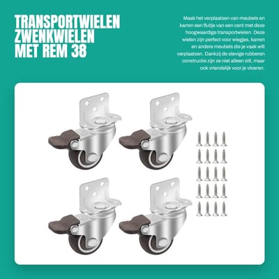 Dailygoods- Meubelwielen 38 mm - Zwenkwielen met Rem - Rubber Wielen - Beugel/Platen - 4 Stuks - Laadcapaciteit 22 kg per Rol - Transportwielen