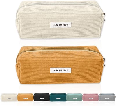 2 stuks koordstof etui Potloodhoes Wasbaar etui Draagbaar esthetisch etui met praktische ritssluiting, voor studenten en tieners, 19 x 6 x 7 cm, Etui（wit, geel）