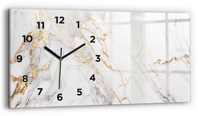 Wallfluent Wandklok - Decoratief marmer Klok met Print - 60 cm x 30 cm - Wit Wandklok - Zwarte Handen - Wandklok Met Cijfers - Kinder Wandklok Glas - Rechthoekige Glazen Wandklok - Scandinavisch Wandklok - Klok met Print