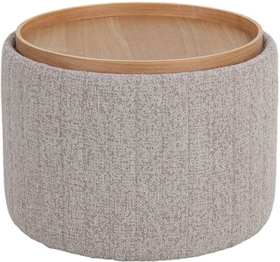 DÉJA Living Salontafel Angela – Rond – Met Opbergruimte – Chenille – Essen Fineer – 55x55x42 cm – Taupe/Naturel