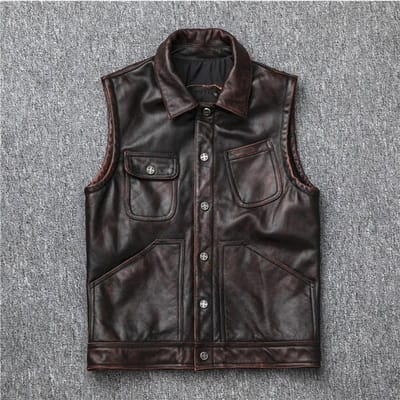 Rundleer Echt Leer Leren Jas Heren Slim Kort Leren Gilet Gilet Zwaar Motor Motorpak Revers Retro Oud M bruin