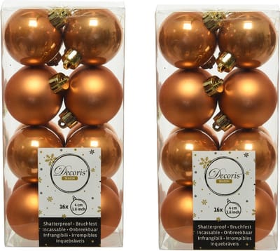 Decoris kleine kerstballen - 32x st - cognac bruin - 4 cm - kunststof - kerstversiering