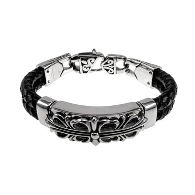 20cm Armband Heren - Zwart Echt Leer - Gepolijst RVS 316L - Gevlochten Armband met Leliebloemen Plaat