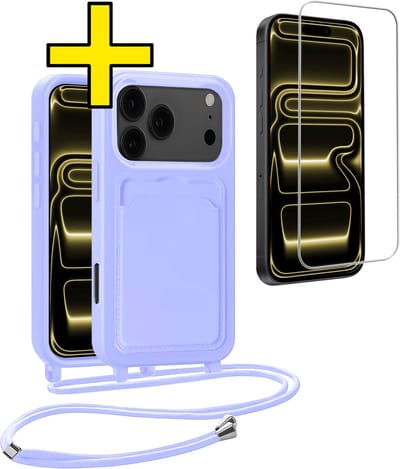 Hoesje Geschikt voor iPhone 17 Pro Telefoonhoesje Met Koord Case Pashouder Met Screenprotector Siliconen - Hoes Geschikt voor iPhone 17 Pro Hoesje Met Kaarthouder - Lila