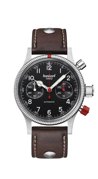 Hanhart Pioneer Mk II - Horloge Zwart - donkerbruine band - 40 mm