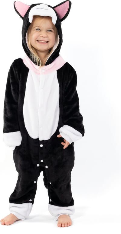 KIMU® Onesie Zwarte Kat Pakje - Maat 68-74 - Poezenpak Kostuum Zwart Pak - Peuter Boxpakje Pyjama Huispak Jumpsuit Jongen Meisje Zacht Fleece Festival