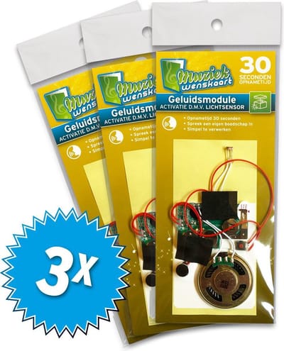 3x Geluidsmodule 30 seconden - geactiveerd door licht - zelf opneembaar - spreek je eigen boodschap in - Muziekwenskaart - simpel te verwerken