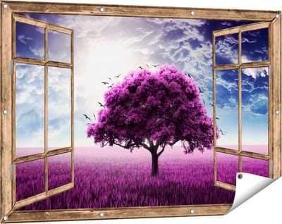 Gards Tuinposter Doorkijk Paarse Boom in het Paars Veld met Vogels - 120x80 cm - Tuindoek - Tuindecoratie - Wanddecoratie buiten - Tuinschilderij