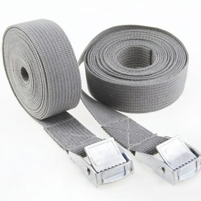 Set van twee spanbanden, 25 mm x 2,5 m, met gespen, geschikt voor vrachtwagens, motorfietsen en aanverwante ladingen, Grijs.