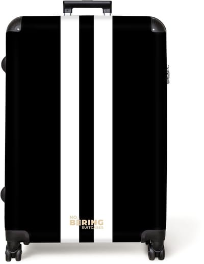 NoBoringSuitcases.com® - Koffer groot - Reiskoffer lichtgewicht - Zwarte achtergrond met dubbele witte middenstreep - Rolkoffer met 4 wielen - Grote trolley XL - 98 liter bagage